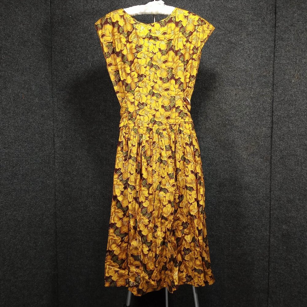 1960's Green and Orange Floral Dress with a Black Chiffon Underlayer